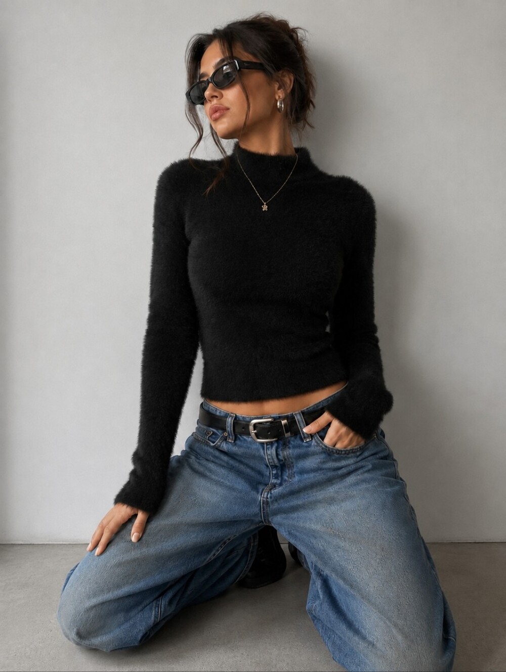 Babaton | Fuzzy Black Long-Sleeve Mock Neck Sweater, Size M